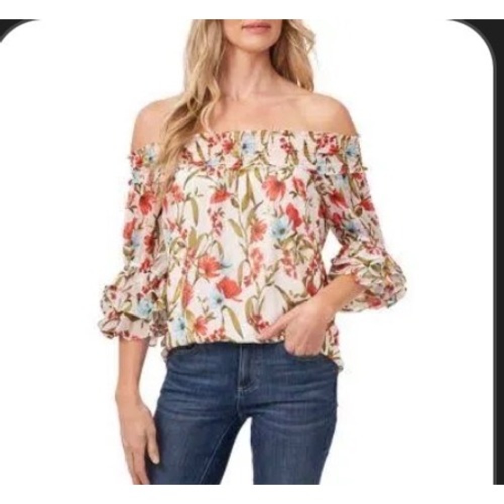 CeCe Women Floral Print Smocked Off Shoulder  Size M Soft Ecruu